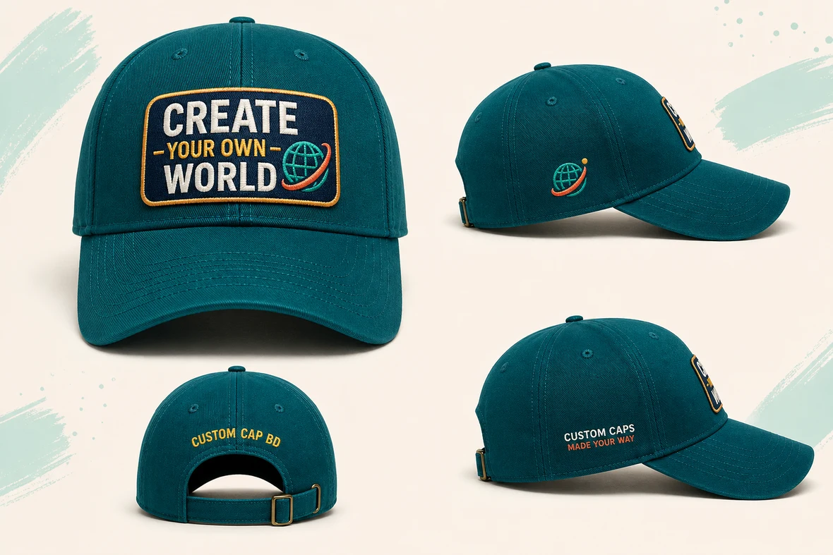 Teal custom caps with Create Your Own World embroidery